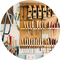 woodworking tools organized on a shelf - HSVSheds